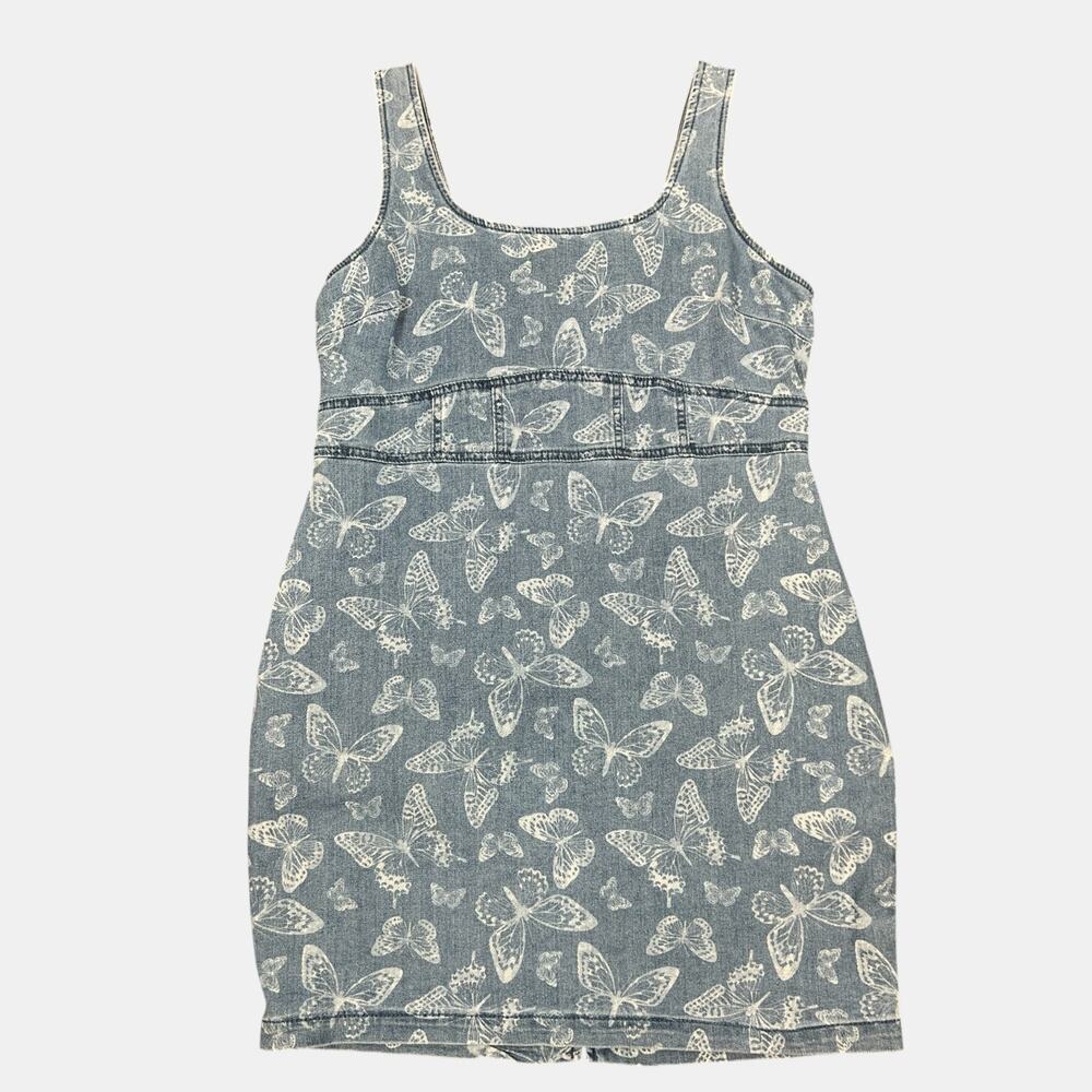 Y2K Butterfly Denim‎ Dress Bodycon Stretch Blue Mini Womens M